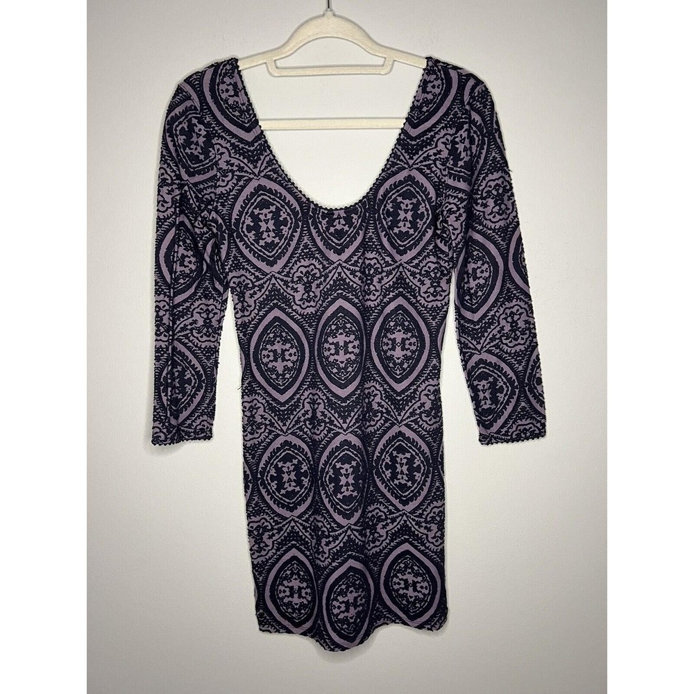 Free People Dress Womens Medium‎ Purple Boho Medallion Mini 3/4 Sleeve Scoop